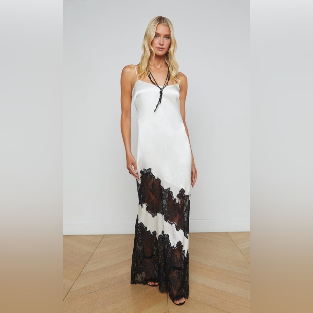 L'AGENCE Ivory Silk Long Slip Dress with Black Lace Accents, size 4 - 6, NWT!
